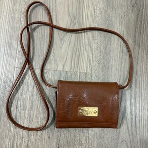 Vtg Stefano Brown Gold Tone Leather Crossbody Handbag 80s 90s Classic Long Strap